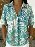 Retro Color-block Botanical Line Print Cotton-linen Short-sleeve Shirt