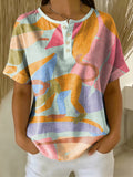 Retro Color-block Patchwork Print Loose-fit Cotton-linen Short-sleeve Shirt
