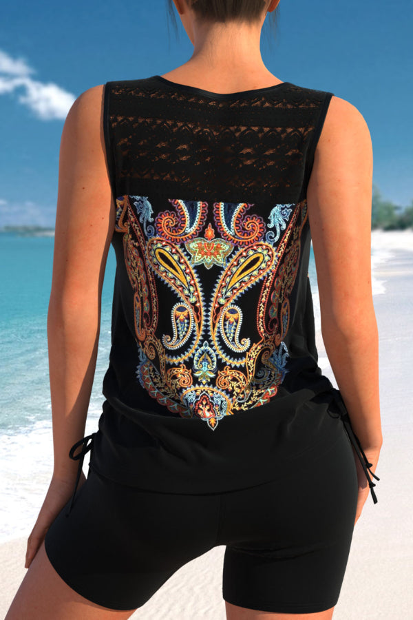 Black Paisley Print Lace Stitching Tankini Set