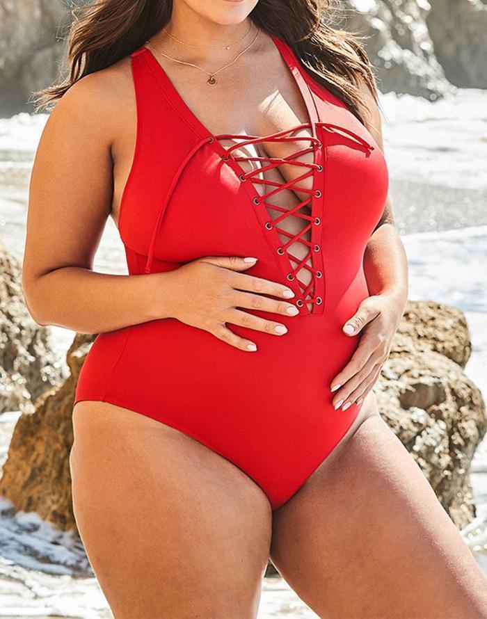 Red Lace Up One Piece Swimsuit
