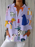 Women's Funny Dog Art Print Casual Linen V-neck Shirt