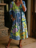 Women's Flower Print Casual Loose-fit Cotton-linen Dress With Lace Trim And Paneling
