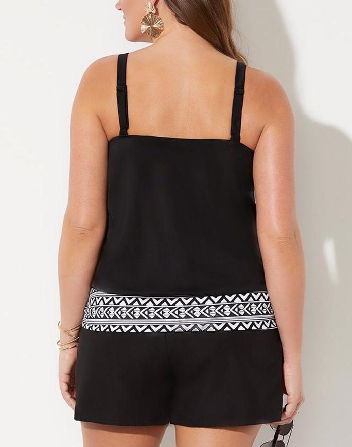 Black Loop Strap Blouson Tankini Set With Cargo Swim Short