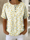 Women's Flower Pattern Printed Cotton Linen Top