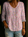 Fresh Floral Decorative Pattern Women's Long Sleeve Cotton Linen Shirt