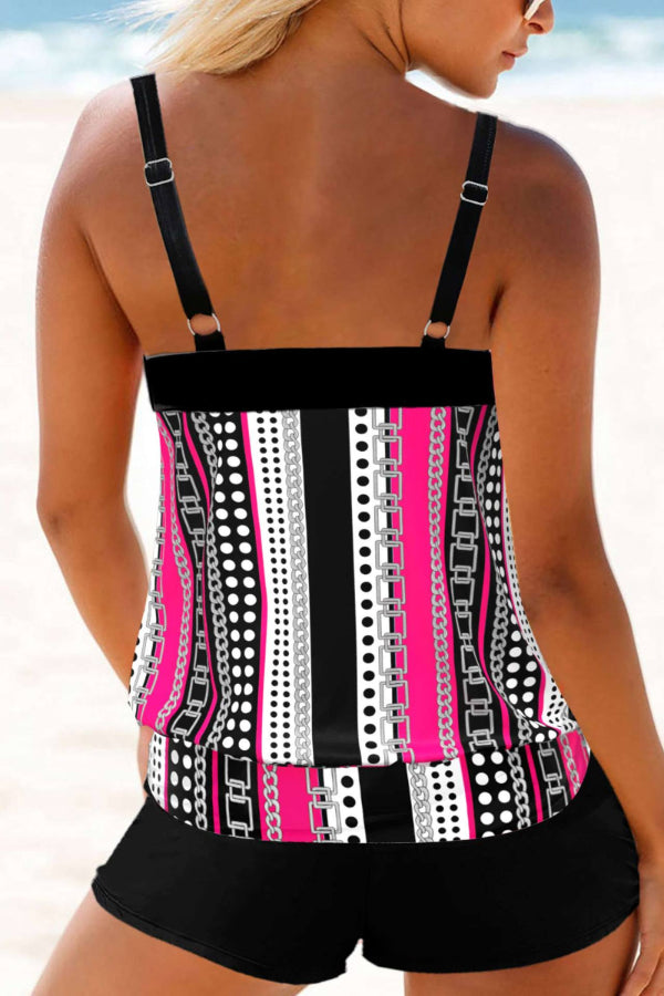 Plus Size Geometric Print Pink Tankini Set