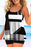 Geometric Print Plus Size Double Straps Black Tankini Set