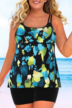 Asymmetric Geometric Print Plus Size Double Straps Tankini Set