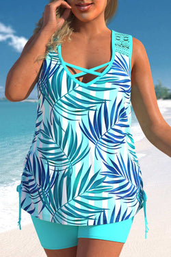 Tropical Print Cyan Lace Stitching Tankini Set