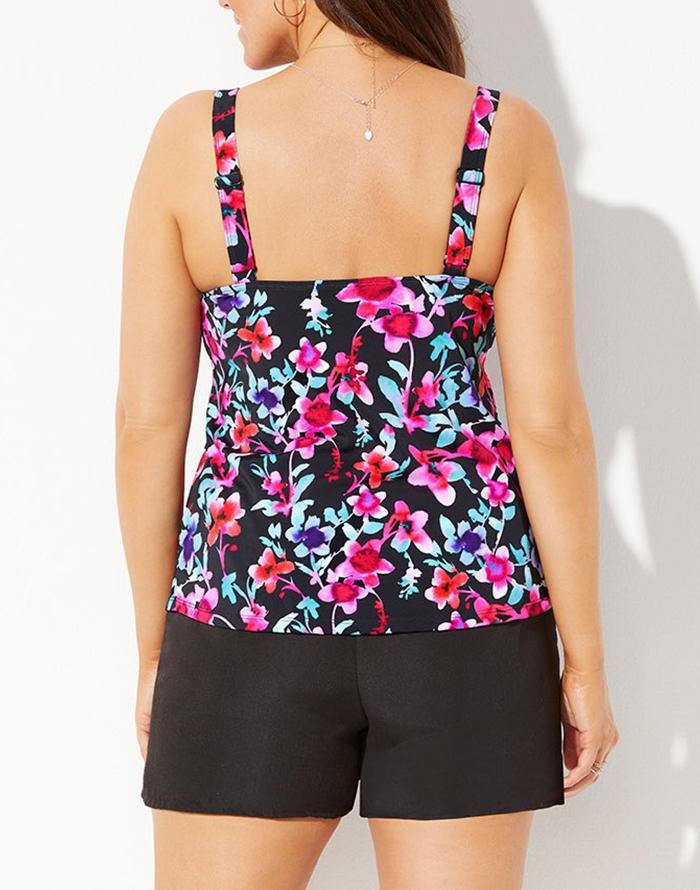 Cute Floral Flared Tankini with Cargo Swim Short
