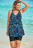 Longer Length Braided Tankini Set - Blue Painterly Leaves