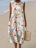 Women's Vintage Floral Art Print Sleeveless Cotton Pocket Wrap Dress