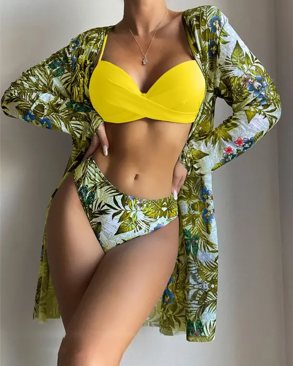 3PCS Tropical Floral Print Crisscross Bikini Set With Cover Up