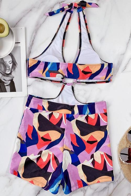 Geometric Print O-Rings Hollow Out Halter One Piece