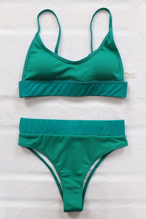 Solid High Waist Ribbed Bikinis Swimsuits