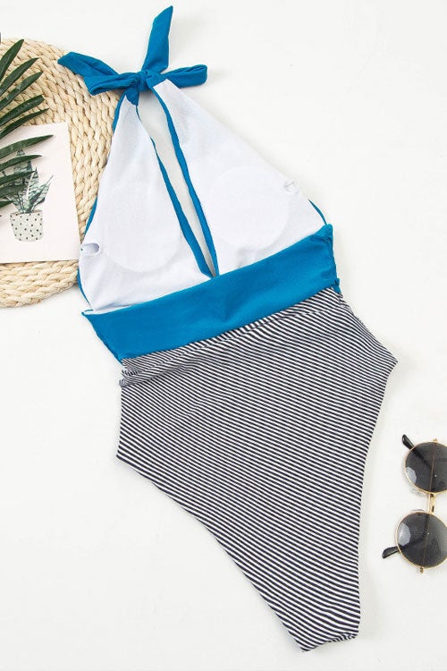 Vintage Striped Ruched Halter One Piece Swimsuit