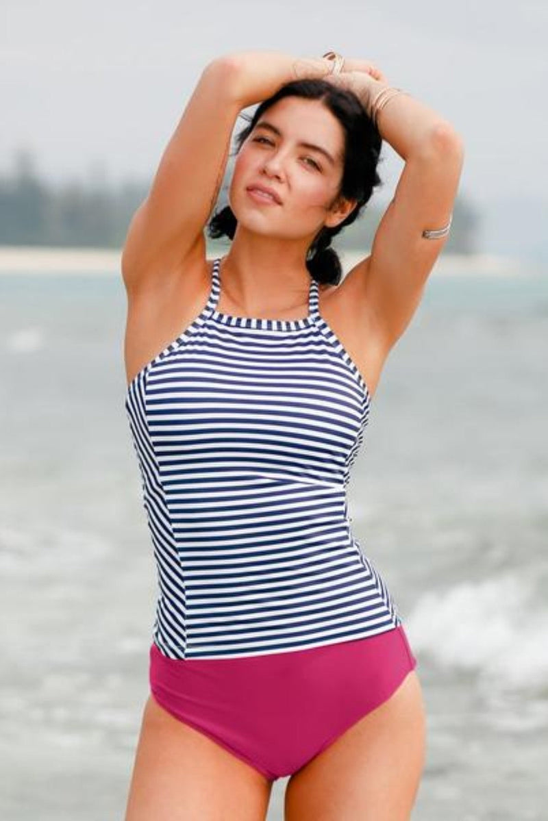 Elastic Stripe Criss Cross Back Tankini