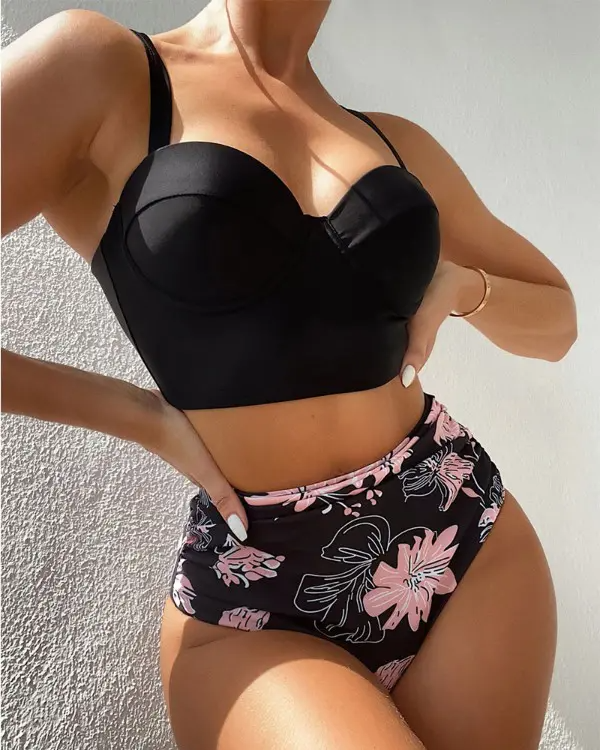 Marble Print High Waist Halter Bikini Set