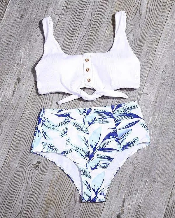 Tie Front Leaf Print High Waist Bikini Set