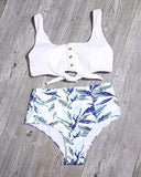 Tie Front Leaf Print High Waist Bikini Set