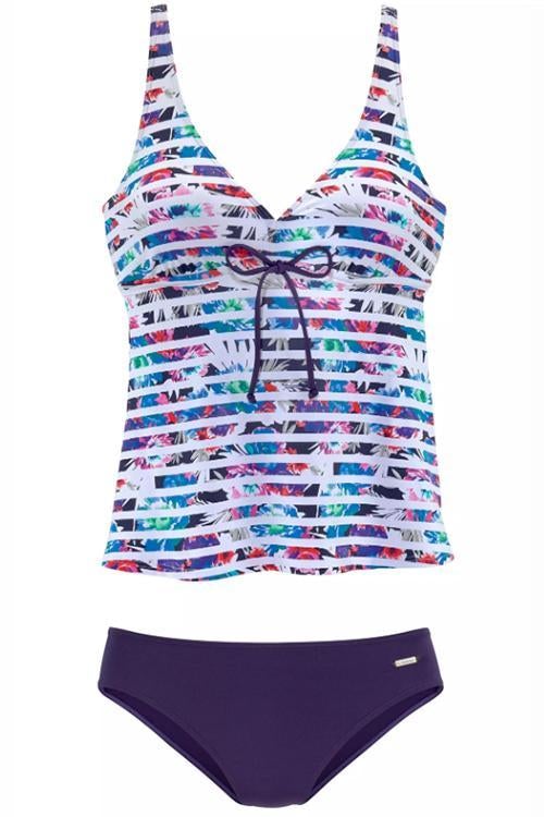 V-Neck Stripe Print Bandage Tankini
