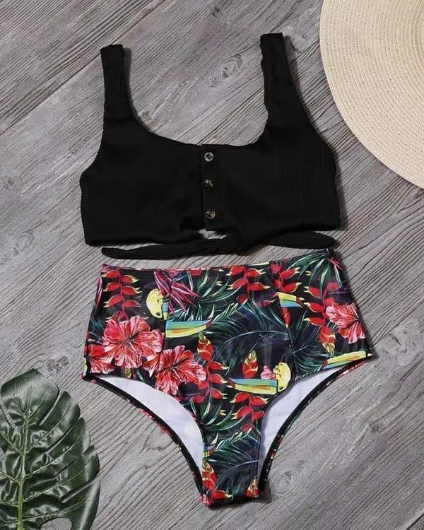 Tie Front Leaf Print High Waist Bikini Set