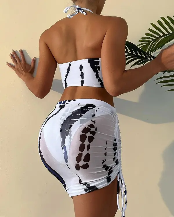 3PCS Tie Dye Print Cutout Bikini Set With Drawstring Cover Up