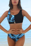 Leaf Printed Patchwork Buckle Front Bikini Set