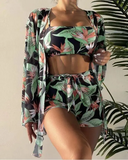3PCS Tropical Print Bikini Set With Cover Up