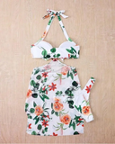 3PCS Floral Print Halter Bikini Set With Cover Up