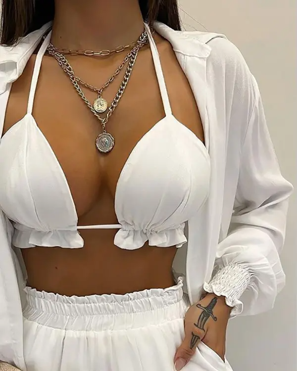 Lantern Sleeve Shirt & Pocket Design Shorts Sets With Frill Hem Crop Top