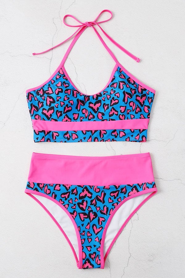 Heart Pattern Halter High Waisted Bikini Swimsuit