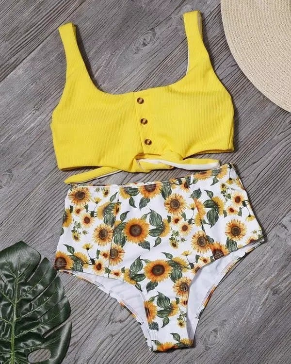 Tie Front Leaf Print High Waist Bikini Set
