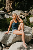 Tie Front Blouson Swim Tankini in Navy Blue