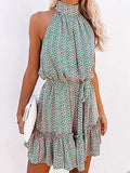 Floral Print Halter with Wooden Ears Mini Dress