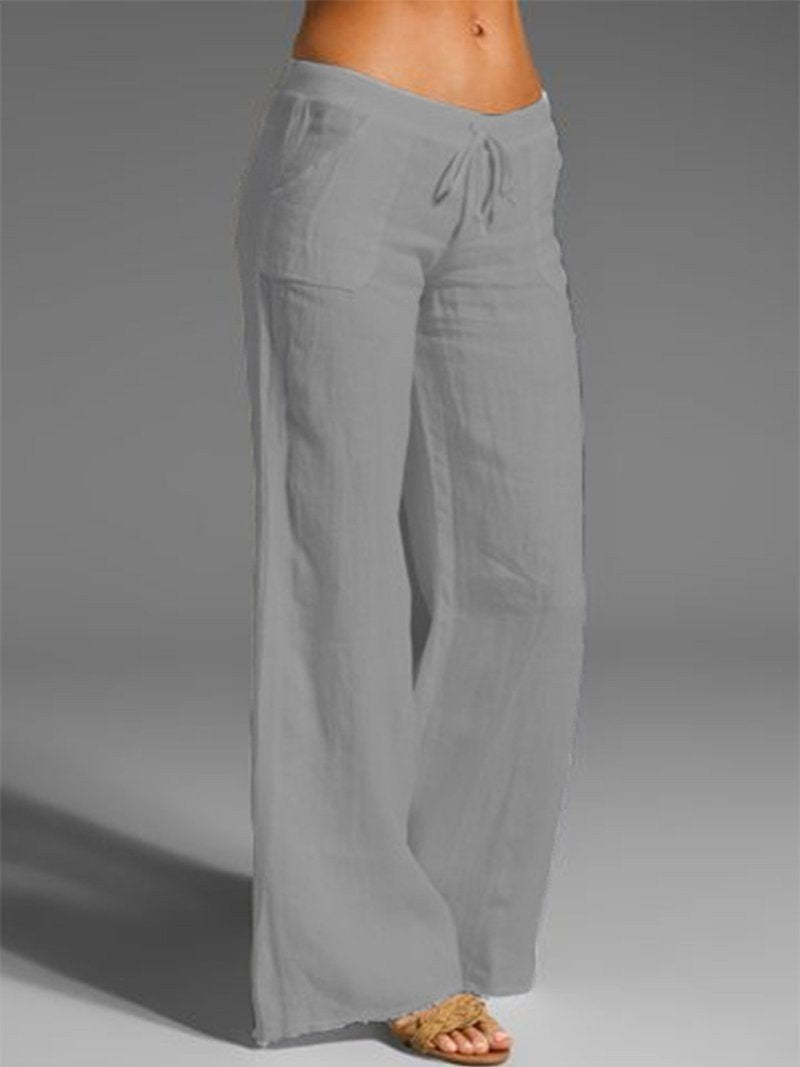 Solid Color High Waist Wide Leg Pants Women's Loose Cotton Linen Pocket Casual Pants