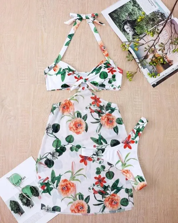 3PCS Floral Print Halter Bikini Set With Cover Up