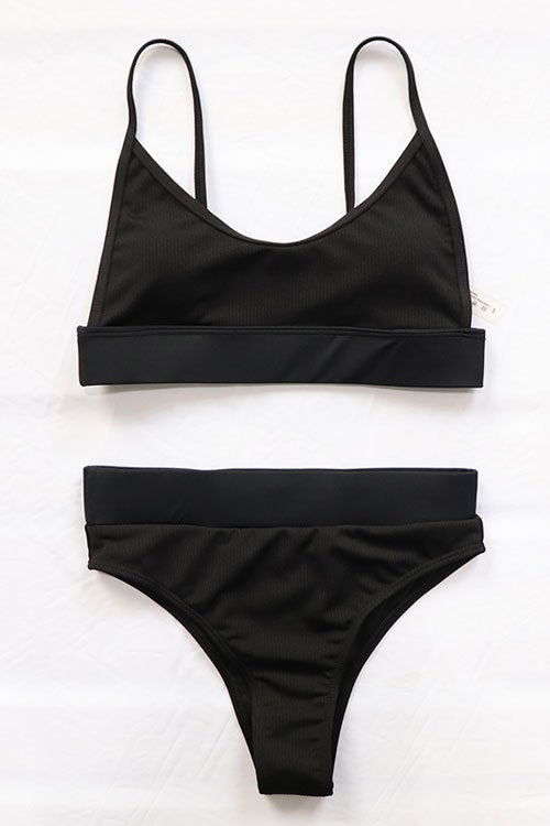 Solid High Waist Ribbed Bikinis Swimsuits
