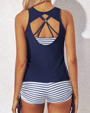 Blue White Stripes 3 Piece Tank Bathing Suits with Shorts and Bra Athletic Tankini Set