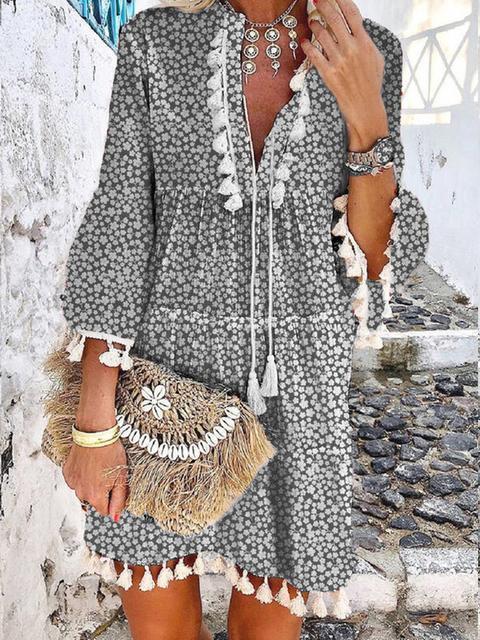 Floral Print V-Neck Tassel Stitching Boho Mini Dress