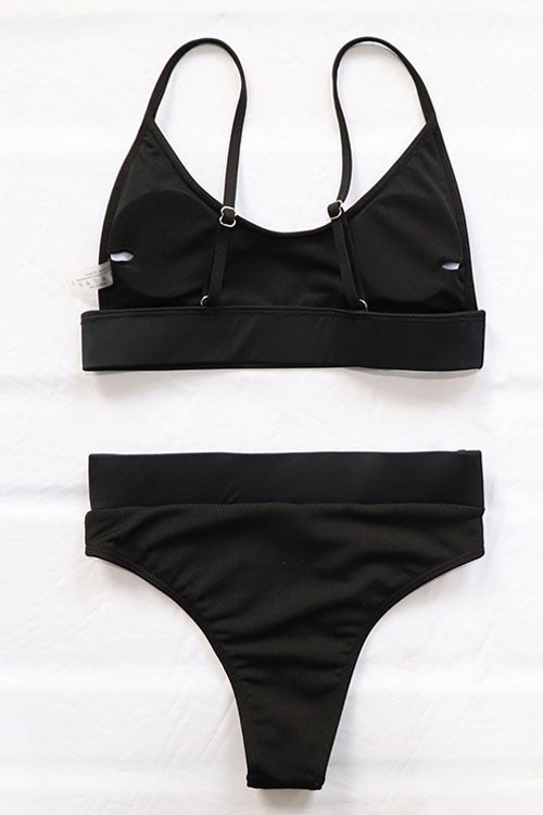 Solid High Waist Ribbed Bikinis Swimsuits