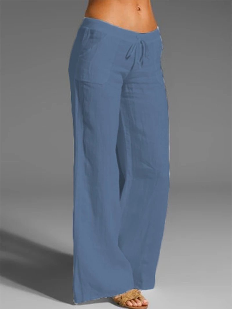 Solid Color High Waist Wide Leg Pants Women's Loose Cotton Linen Pocket Casual Pants