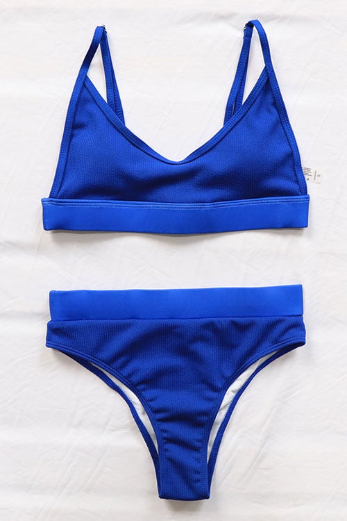 Solid High Waist Ribbed Bikinis Swimsuits