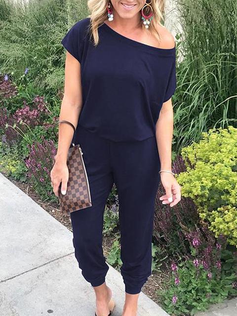 Short Sleeve Solid Color Casual Jumpsuit