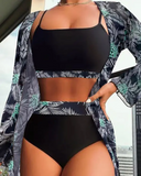 3PCS Tropical Print Square Neck Bikini Set With Cover Up