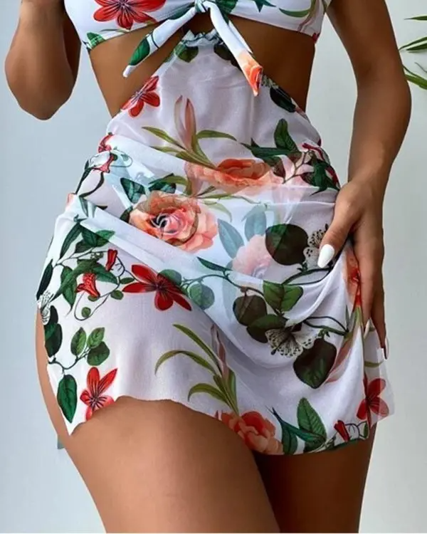 3PCS Floral Print Halter Bikini Set With Cover Up