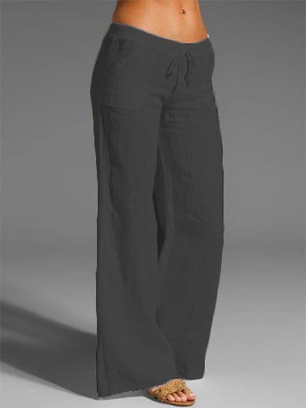 Solid Color High Waist Wide Leg Pants Women's Loose Cotton Linen Pocket Casual Pants