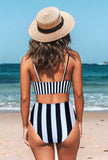 Stripe Front Bralette And Asymmetric High Waist Bikini Set