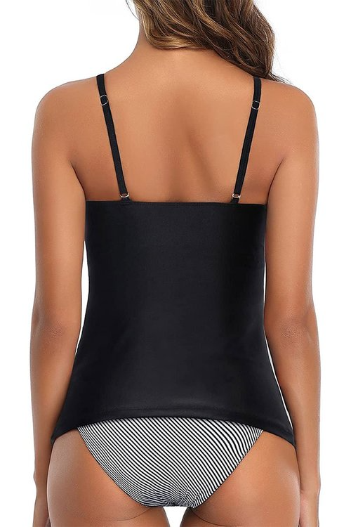 Black Stripe High Necked Stylish Tankini Swimsuit