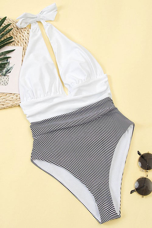 Vintage Striped Ruched Halter One Piece Swimsuit